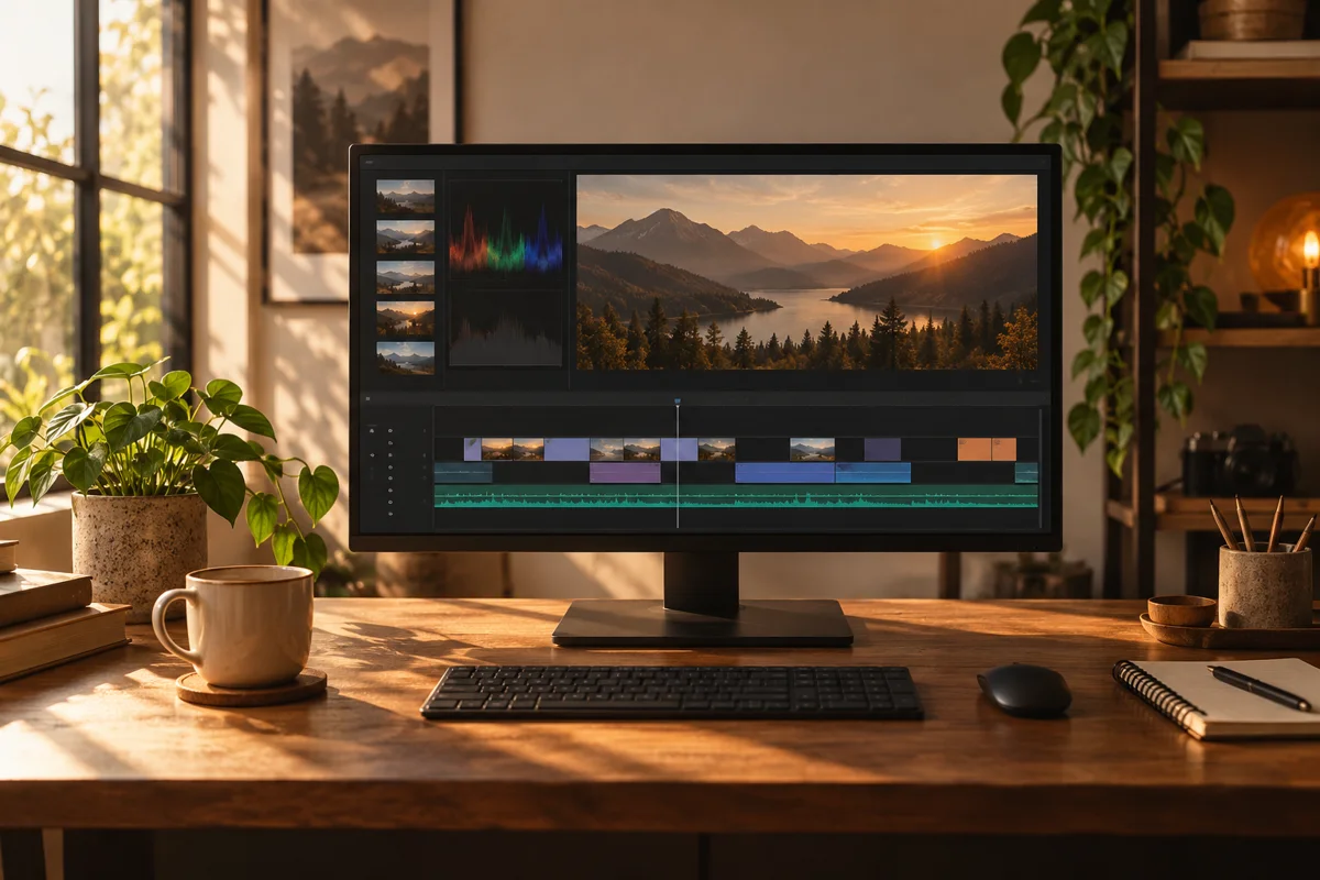 An illustrated editing desk with a video timeline
